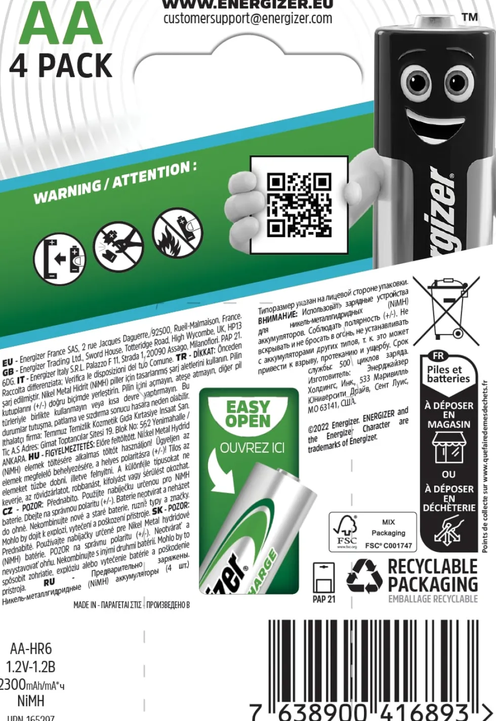 Batteri Energizer Recharge AA Extreme, 4/fp