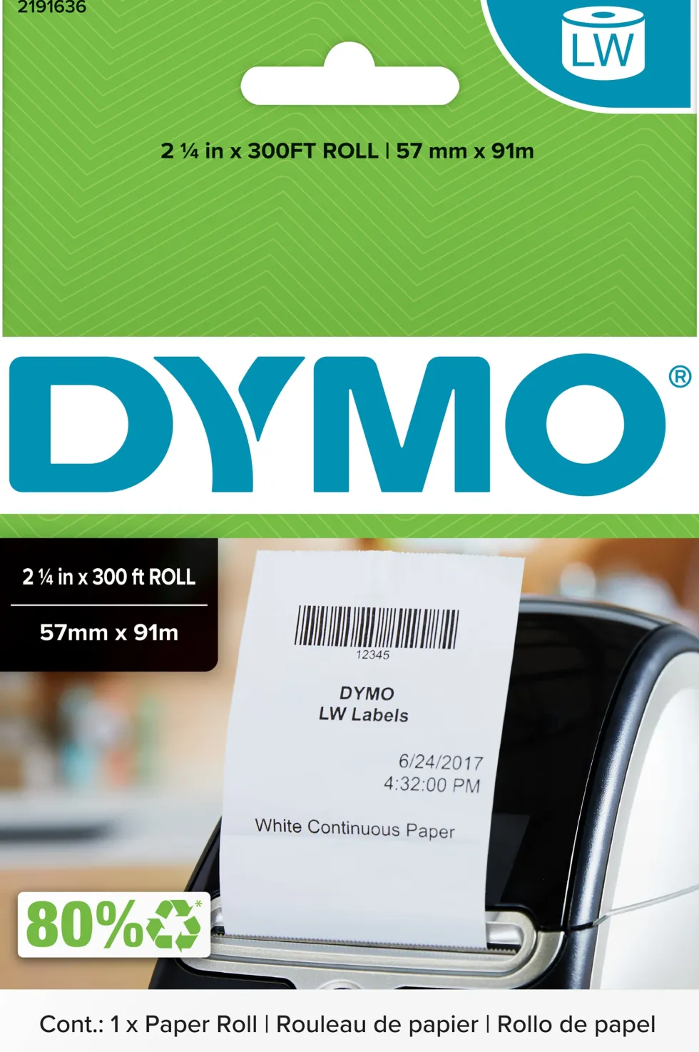 DYMO LabelWriter 57 mm x 91 mm Kvittoetiketter Vit Papper (i