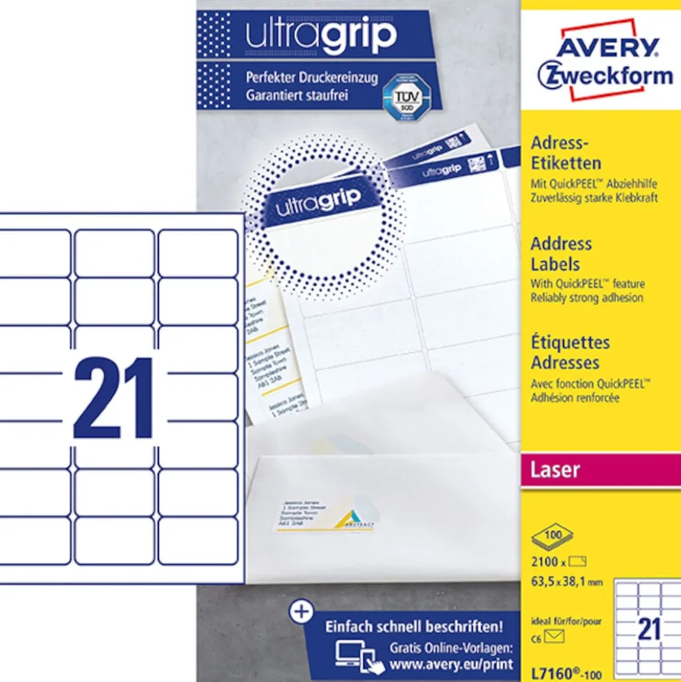 Etikett AVERY Ultra Grip 63,5x38,1mm 2100/FP