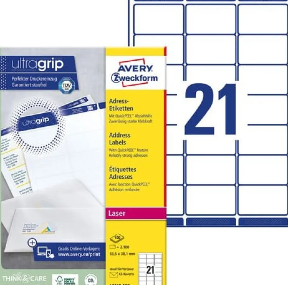 Etikett AVERY Ultra Grip 63,5x38,1mm 2100/FP