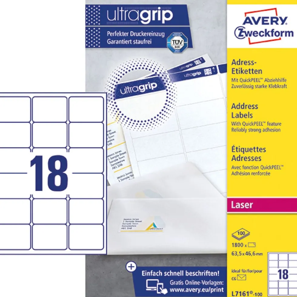 Etikett AVERY Ultra Grip 63,5x46,6mm 1800/FP