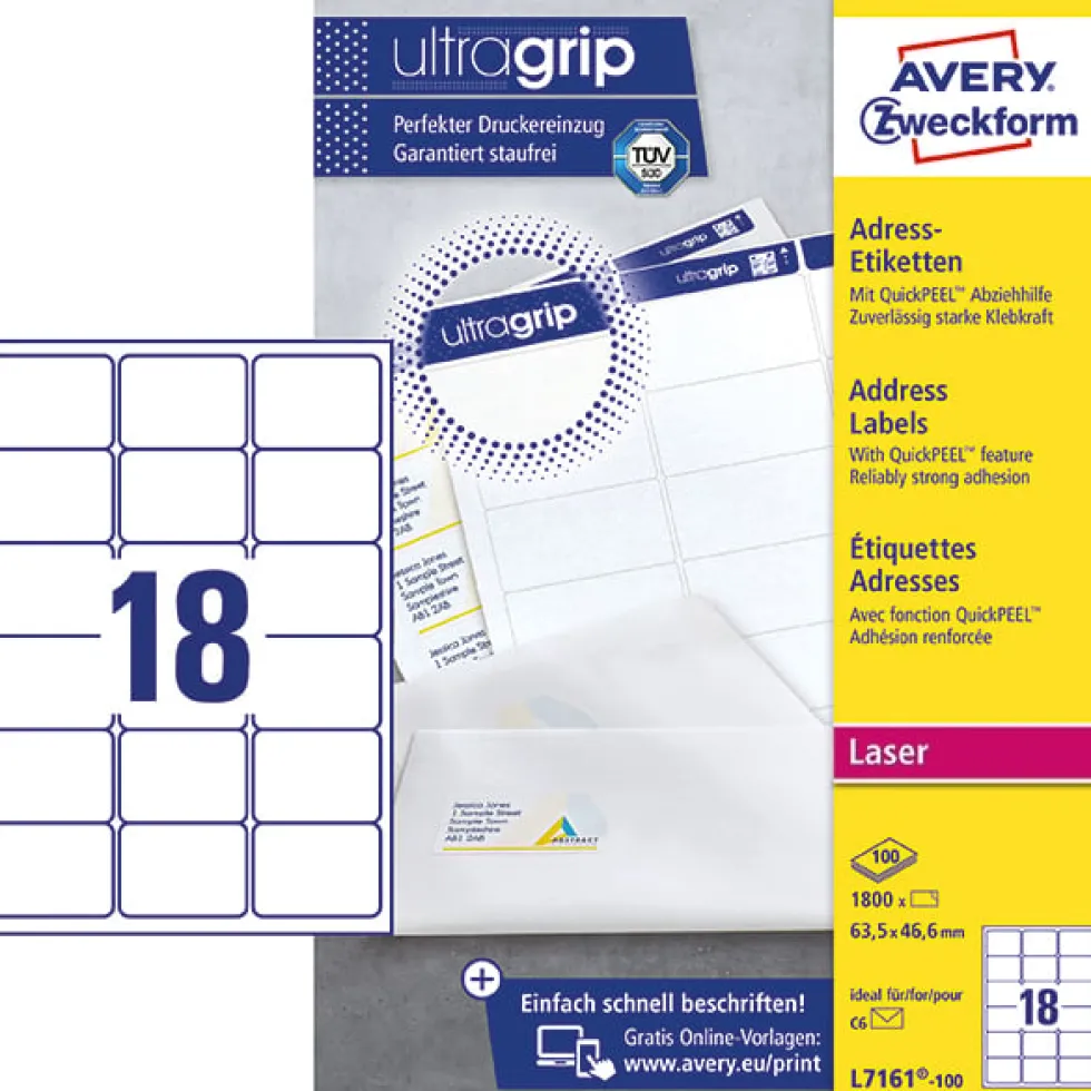 Etikett AVERY Ultra Grip 63,5x46,6mm 1800/FP