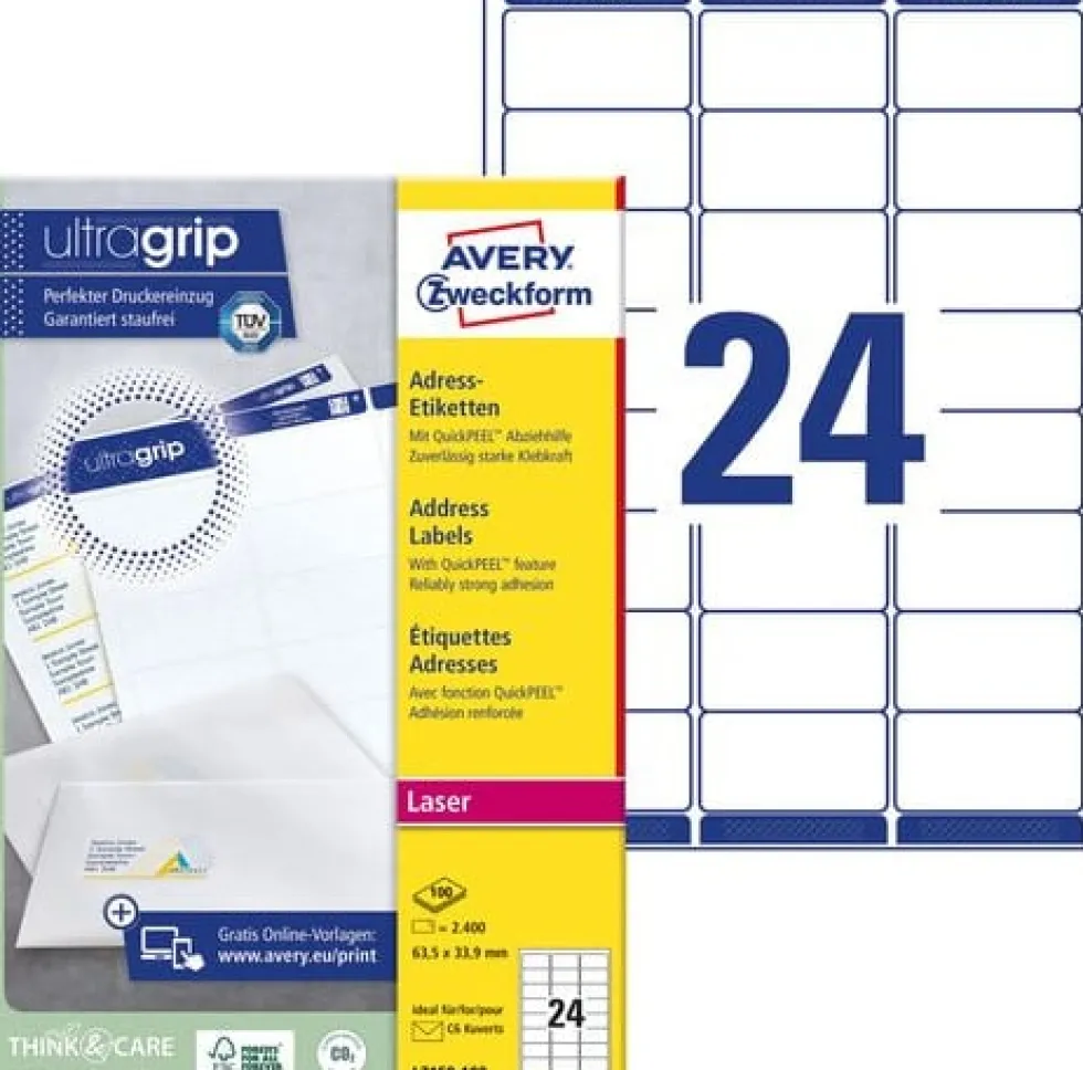 Etikett AVERY Ultra Grip 63,5x33,9mm 2400/FP