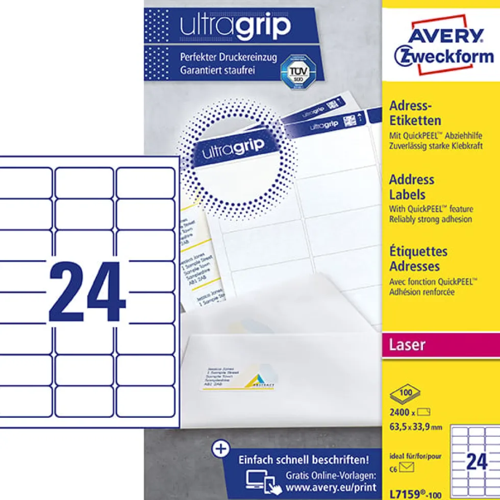 Etikett AVERY Ultra Grip 63,5x33,9mm 2400/FP