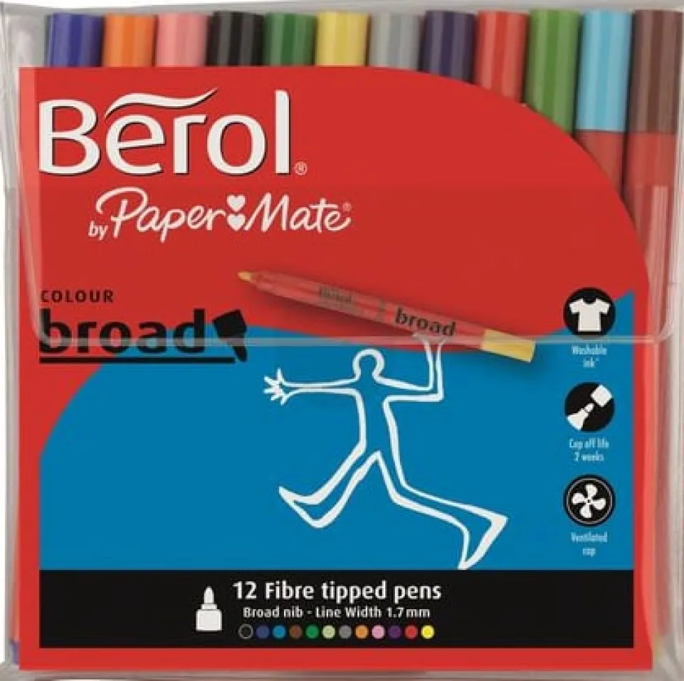Fiberpenna BEROL Colourbroad, 12 färger/etui