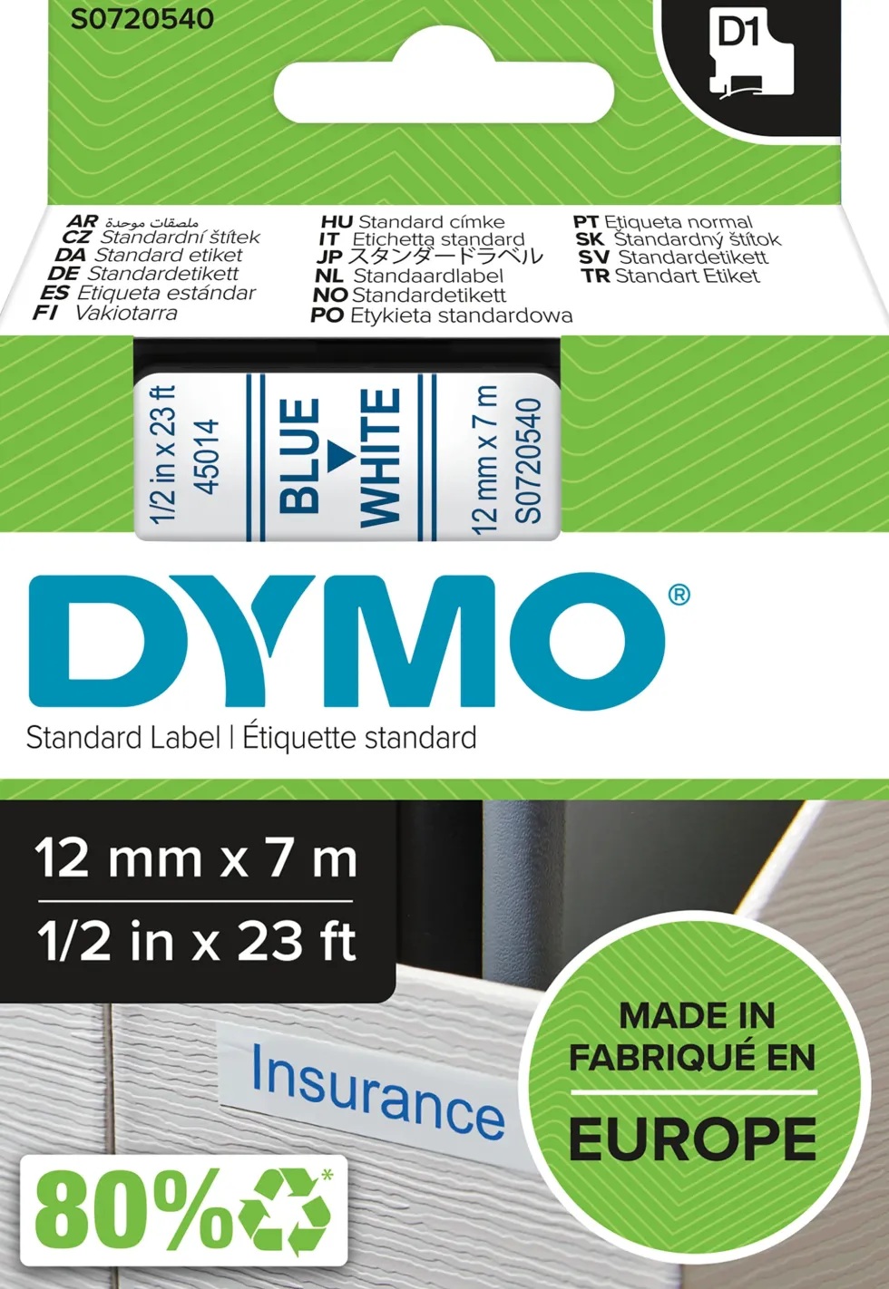 Märkband Dymo D1, plast, blå/vit, 12mm