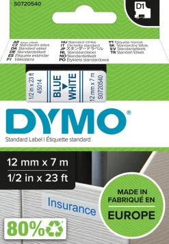 Märkband Dymo D1, plast, blå/vit, 12mm