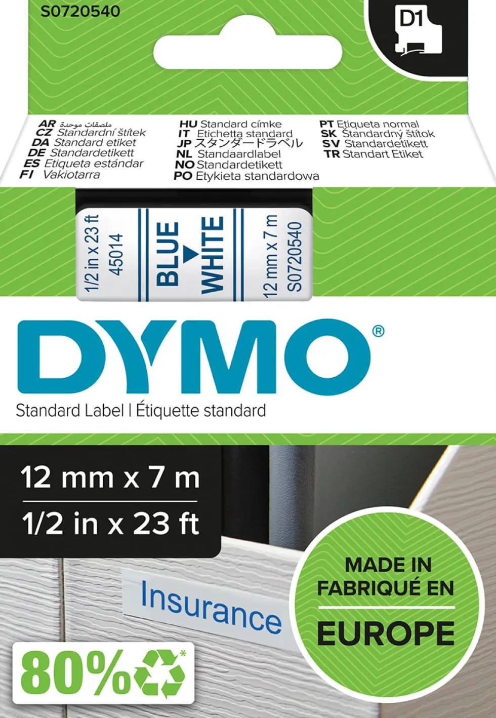 Märkband Dymo D1, plast, blå/vit, 12mm