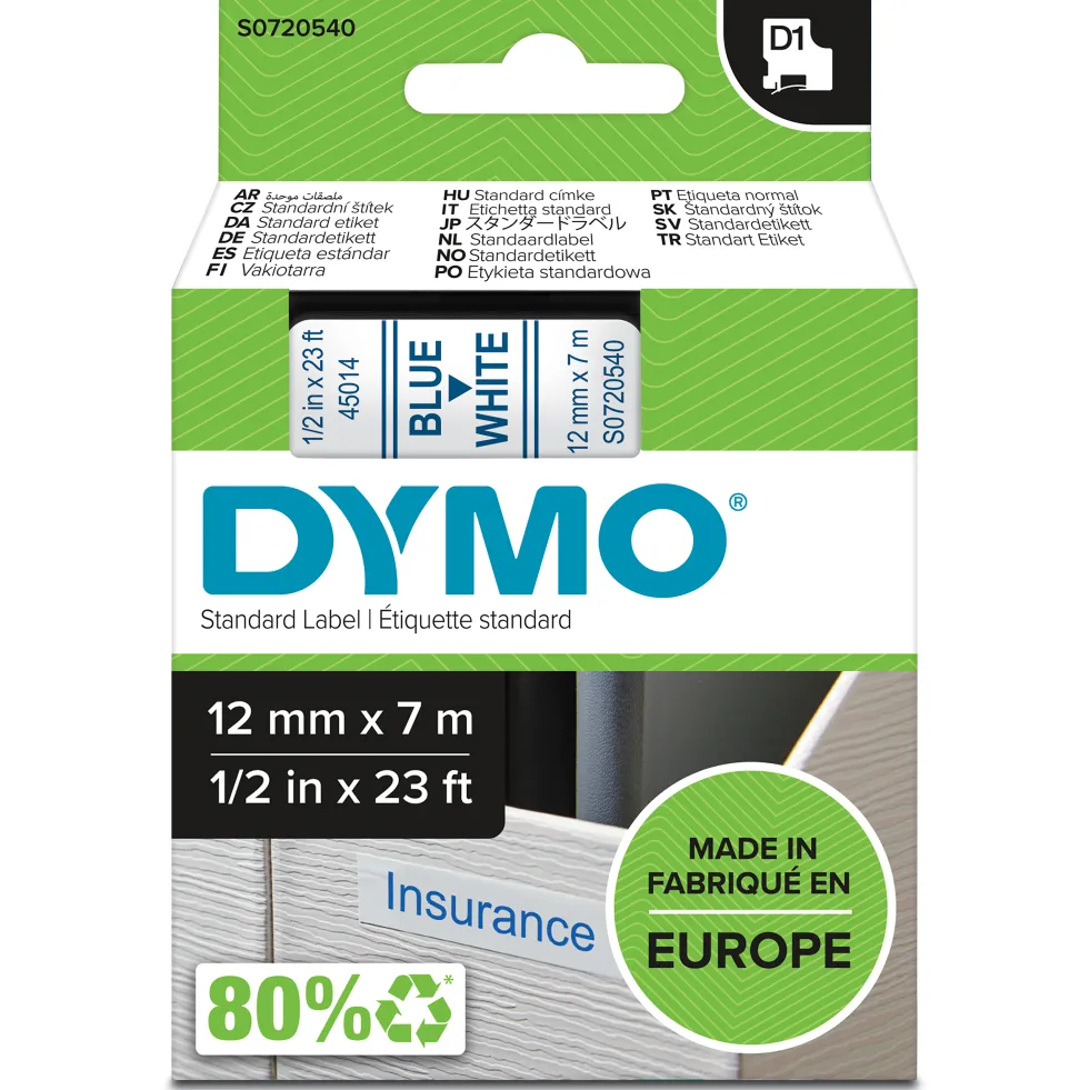 Märkband Dymo D1, plast, blå/vit, 12mm