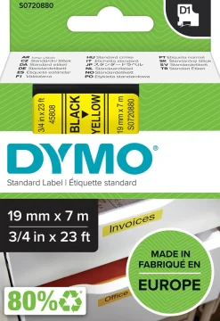 Märkband Dymo D1, plast, svart/gul, 19mm