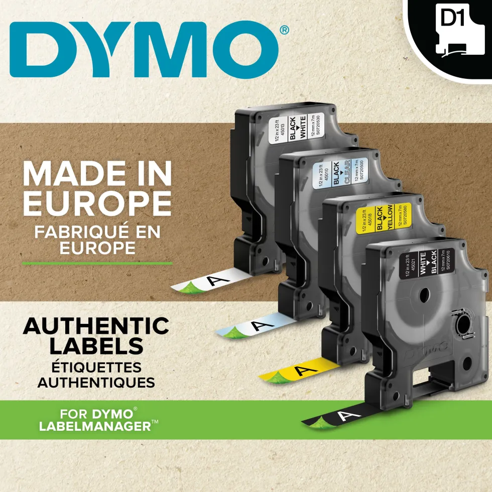 Märkband Dymo D1, plast, svart/gul, 19mm