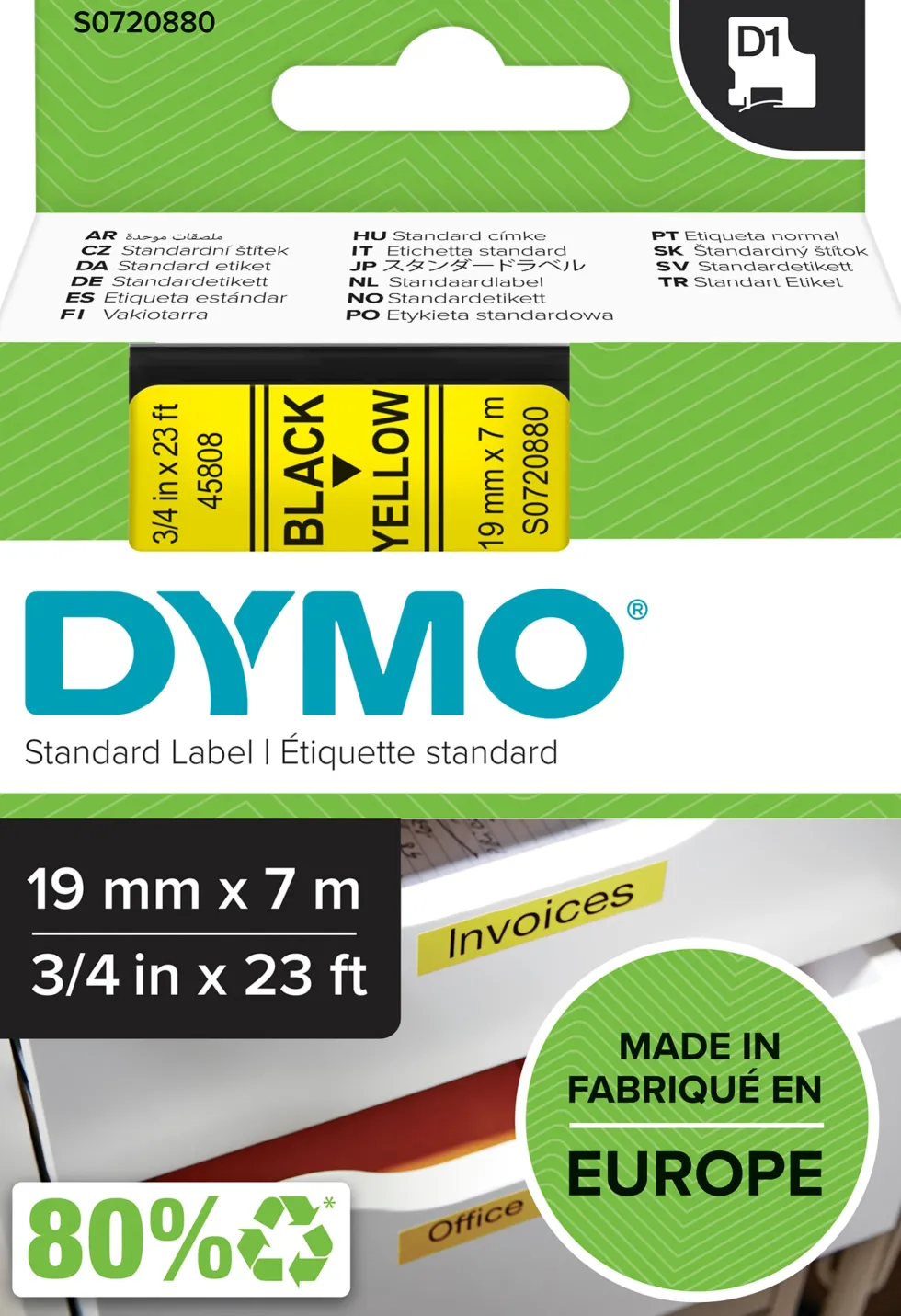 Märkband Dymo D1, plast, svart/gul, 19mm
