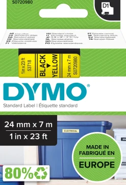 Märkband Dymo D1, plast, svart/gul, 24mm