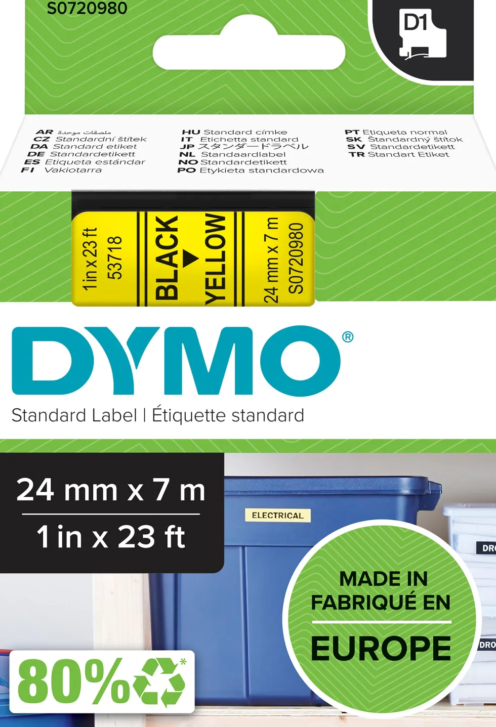 Märkband Dymo D1, plast, svart/gul, 24mm