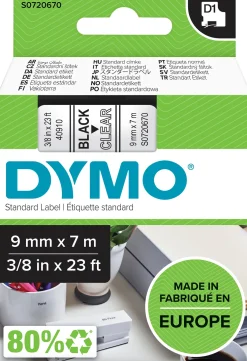 Märkband Dymo D1, plast, svart/klar, 9mm