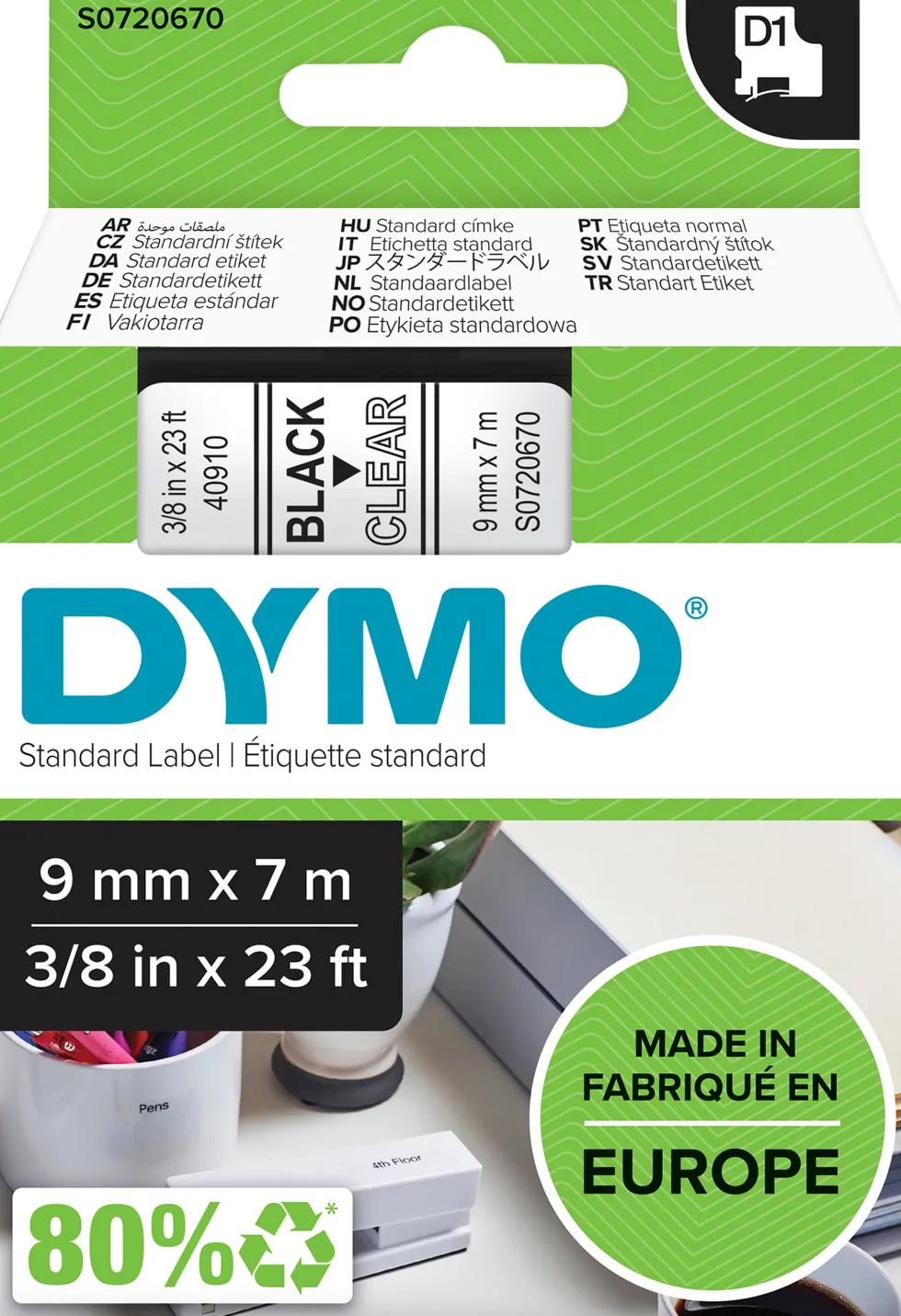 Märkband Dymo D1, plast, svart/klar, 9mm