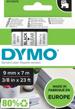 Märkband Dymo D1, plast, svart/klar, 9mm