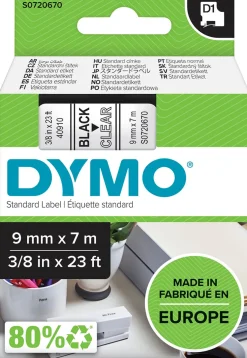 Märkband Dymo D1, plast, svart/klar, 9mm