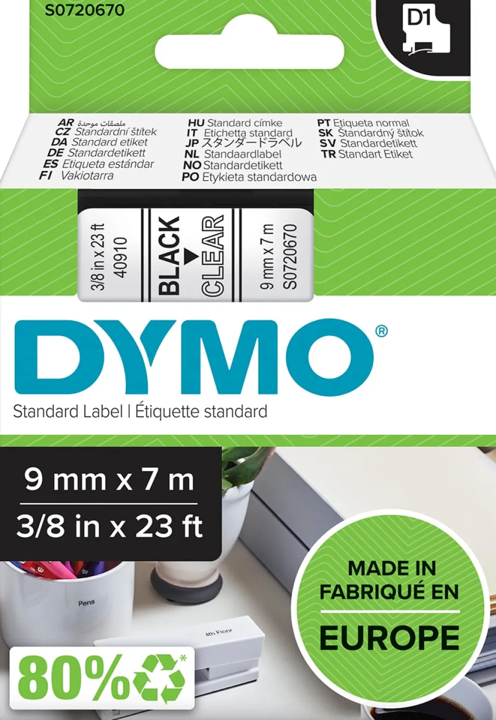 Märkband Dymo D1, plast, svart/klar, 9mm
