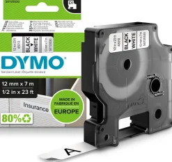 Märkband Dymo D1, plast, svart/vit, 12mm