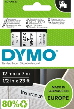 Märkband Dymo D1, plast, svart/vit, 12mm
