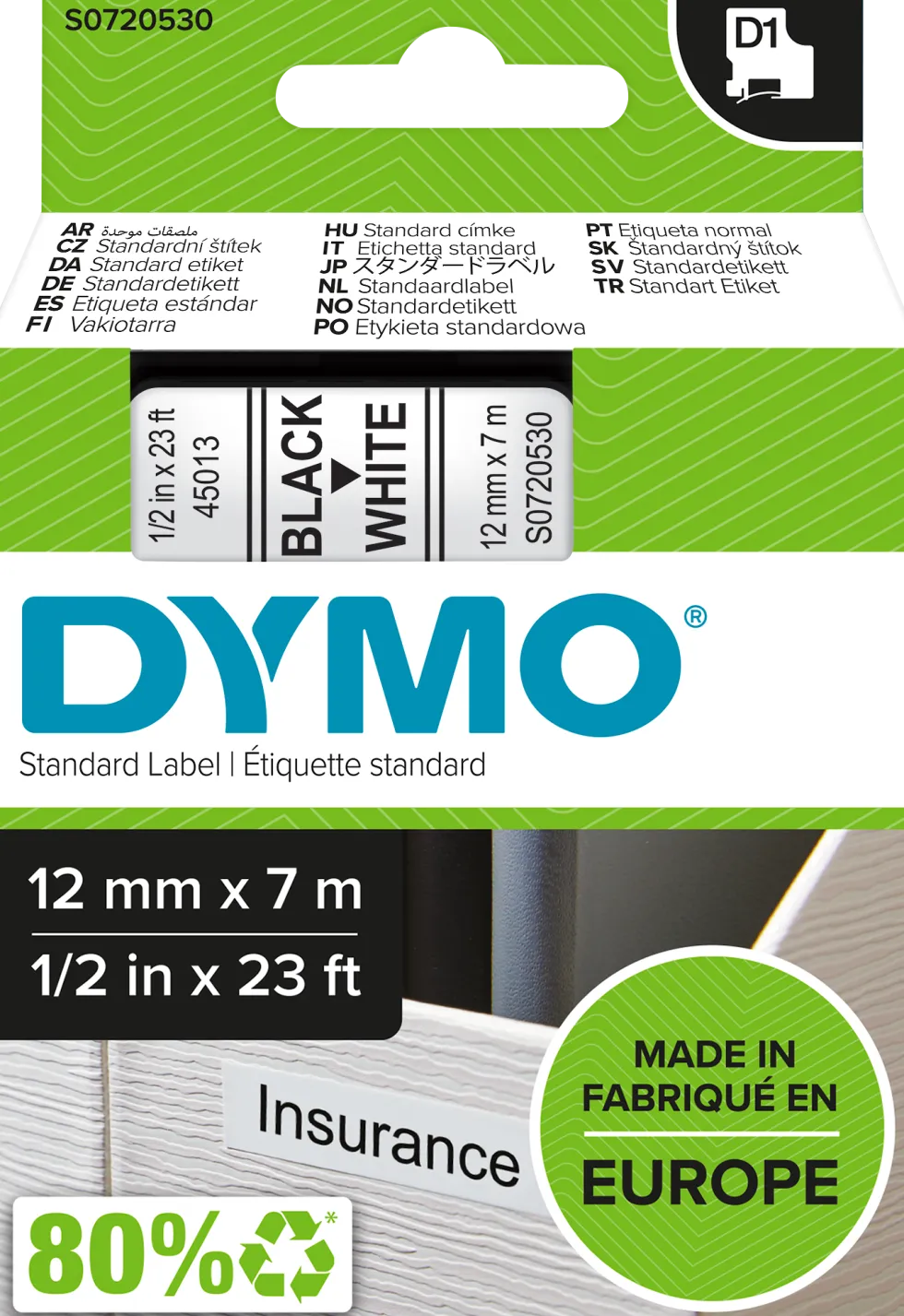 Märkband Dymo D1, plast, svart/vit, 12mm