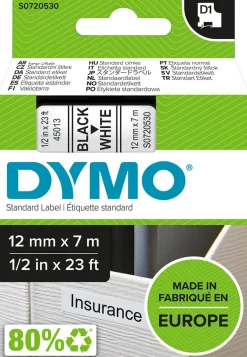 Märkband Dymo D1, plast, svart/vit, 12mm