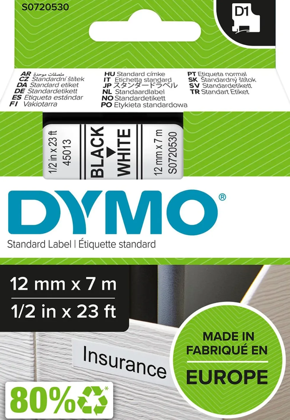 Märkband Dymo D1, plast, svart/vit, 12mm