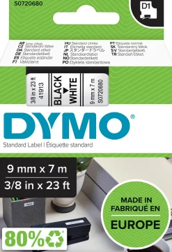 Märkband Dymo D1, plast, svart/vit, 9mm