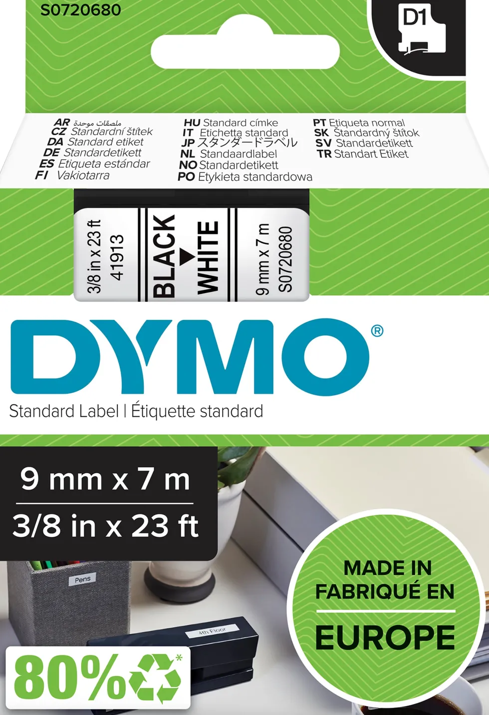 Märkband Dymo D1, plast, svart/vit, 9mm