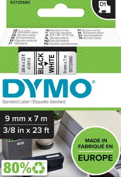 Märkband Dymo D1, plast, svart/vit, 9mm