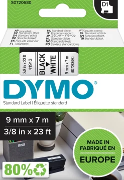 Märkband Dymo D1, plast, svart/vit, 9mm