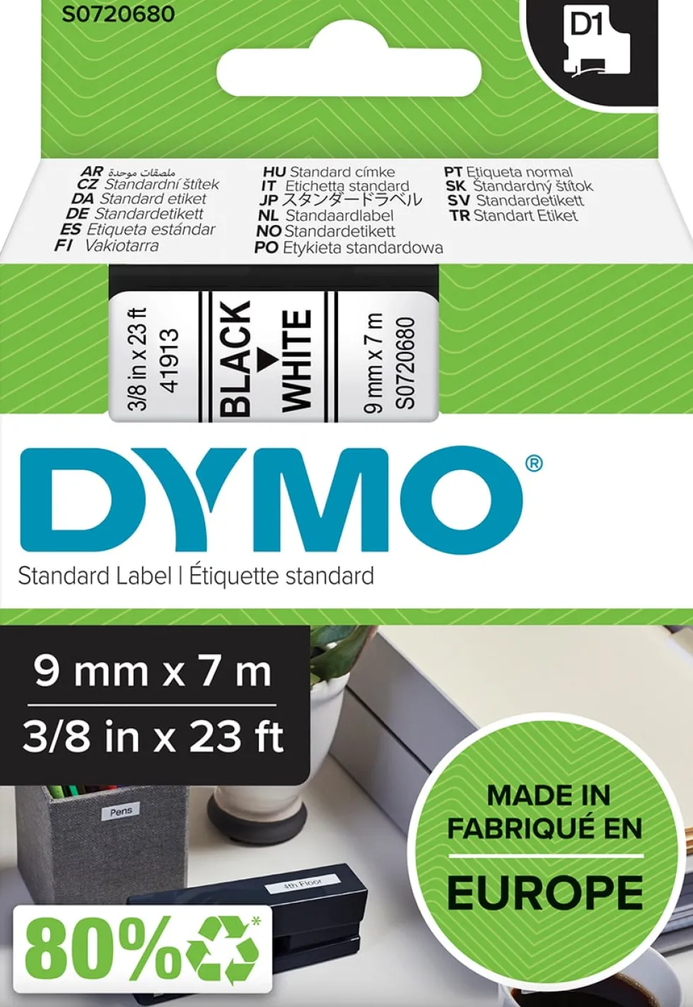 Märkband Dymo D1, plast, svart/vit, 9mm