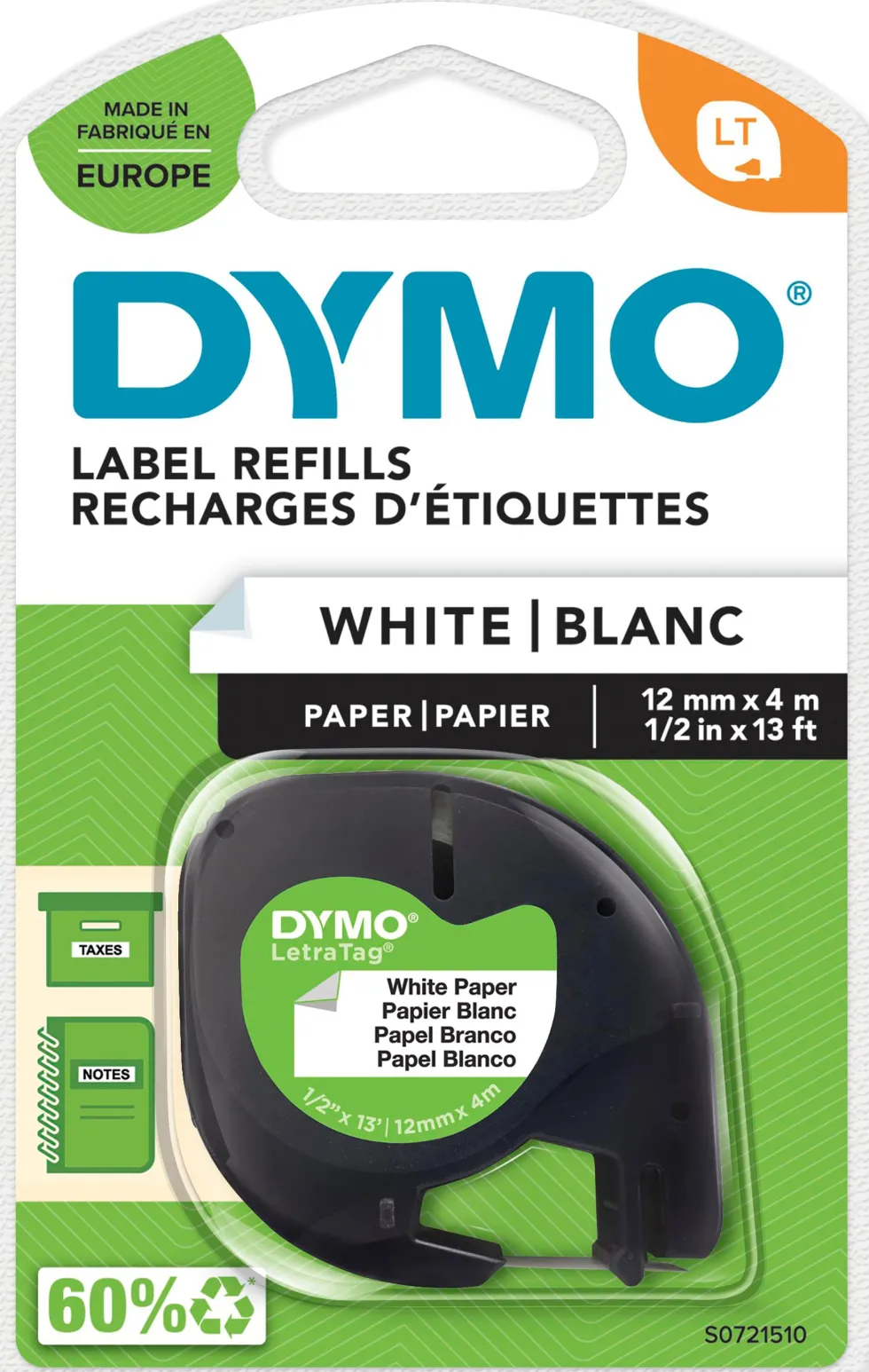 Märkband Dymo LetraTag, papper, svart/vit, 12mm