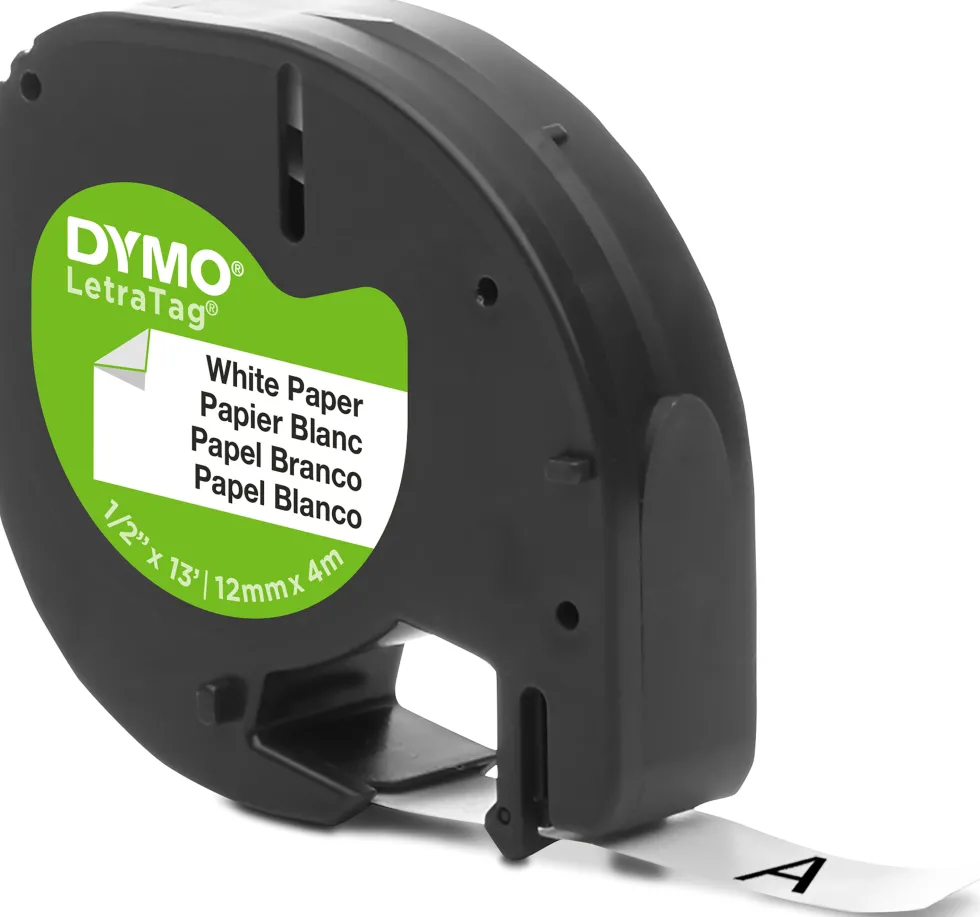 Märkband Dymo LetraTag, papper, svart/vit, 12mm