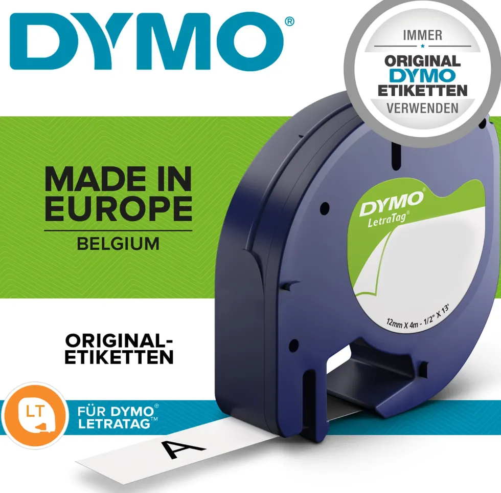 Märkband Dymo LetraTag, plast, svart/transparent, 12mm