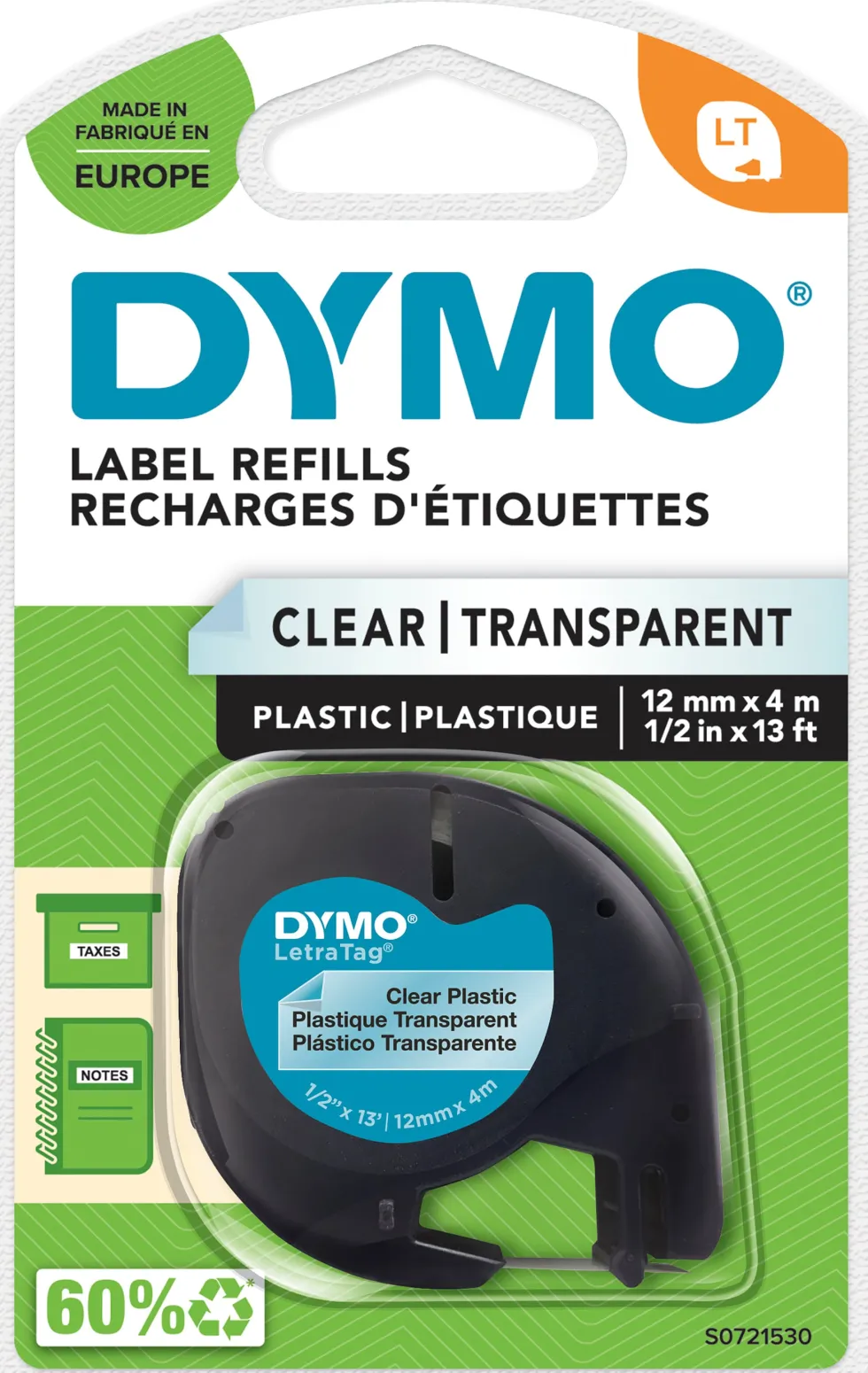 Märkband Dymo LetraTag, plast, svart/transparent, 12mm