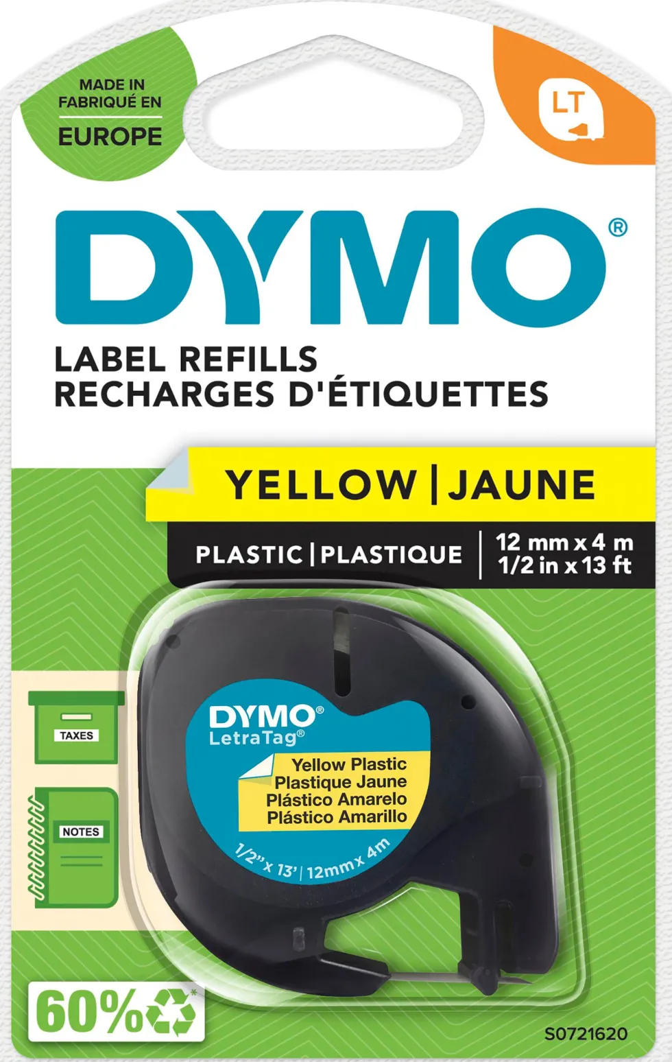 Märkband Dymo LetraTag, plast, svart/gul, 12mm
