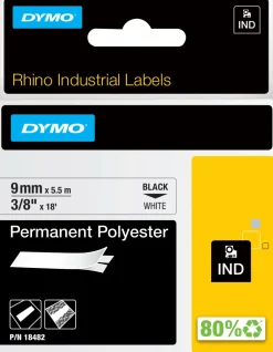 Märkband Dymo Rhino Perm, polyester, svart/vit, 9mm, 10/fp