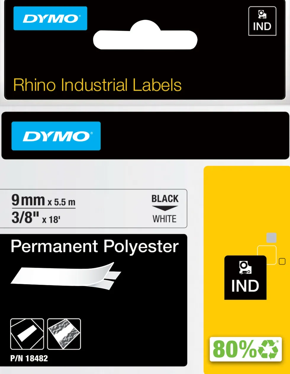 Märkband Dymo Rhino Perm, polyester, svart/vit, 9mm, 10/fp