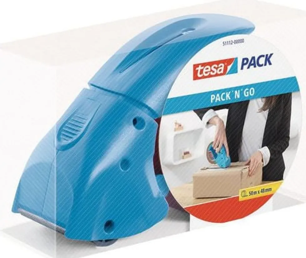 Packtejpshållare TESA Pack n Go blå, 38-50mm