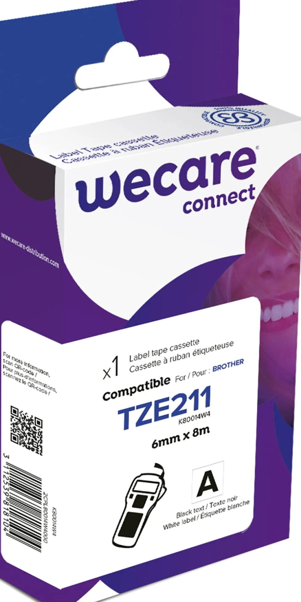 Tape WECARE 6mm TZe-211 svart på vit