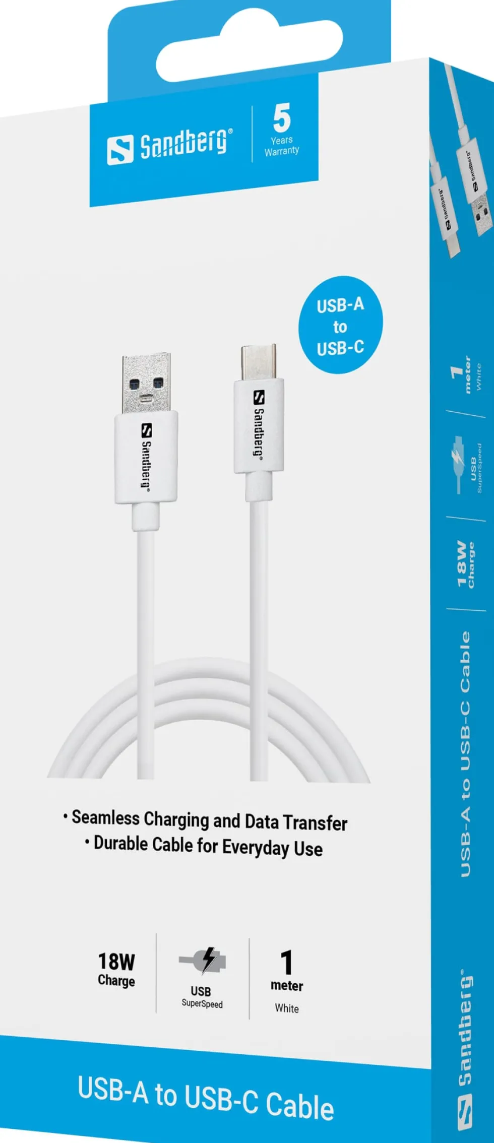 USB-C to USB-A 3.0 Cable, White (1m)