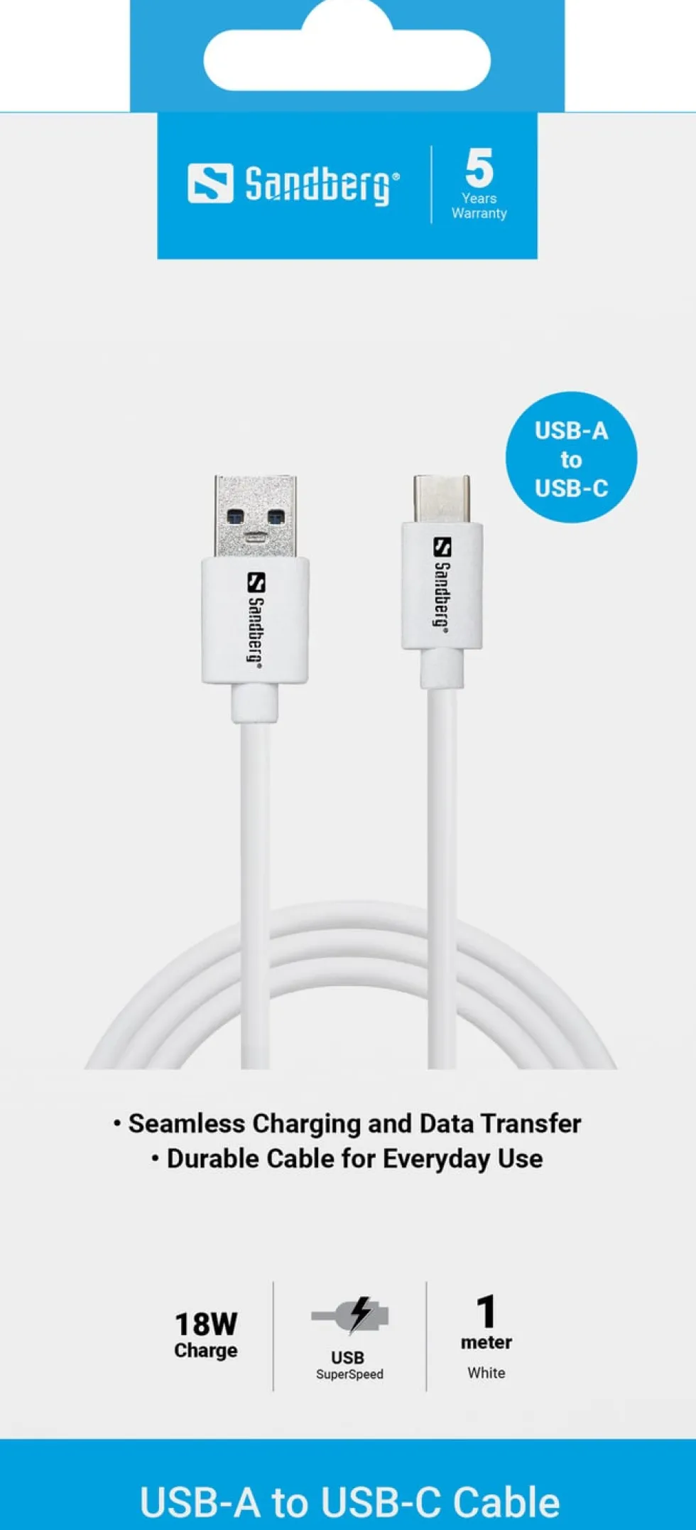 USB-C to USB-A 3.0 Cable, White (1m)